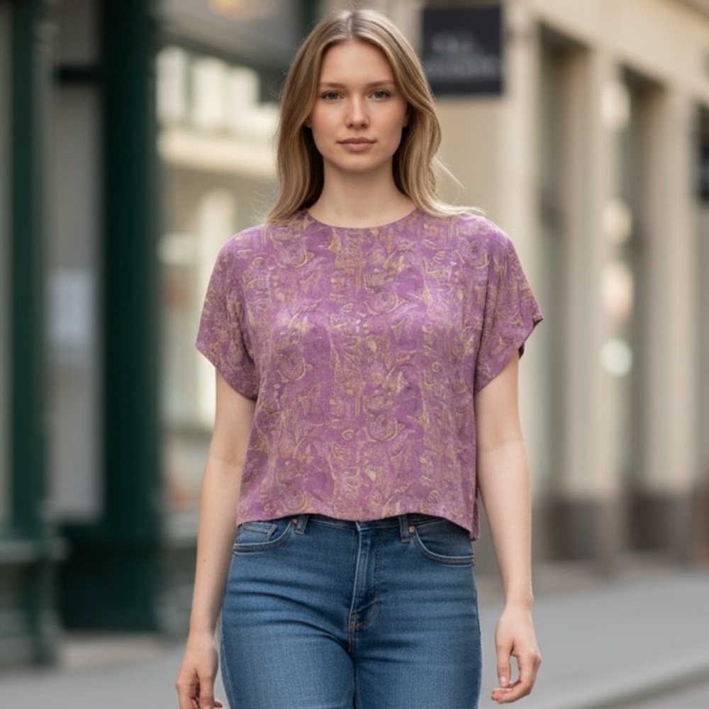 VTG 80s-90s 100% Silk Purple Top Abstract Print Shirt Boxy Crop SZ Medium